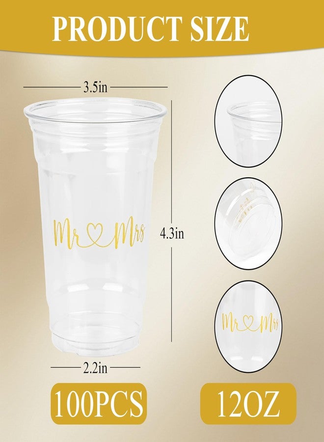 AimFun 100Pcs Mr and Mrs Plastic Cups Wedding Bridal Shower Disposable Party Cups Wedding Reception 12oz Clear Drinking Cup for Anniversary Birthday Party Supplies Decorations (100, Gold) - Image 2